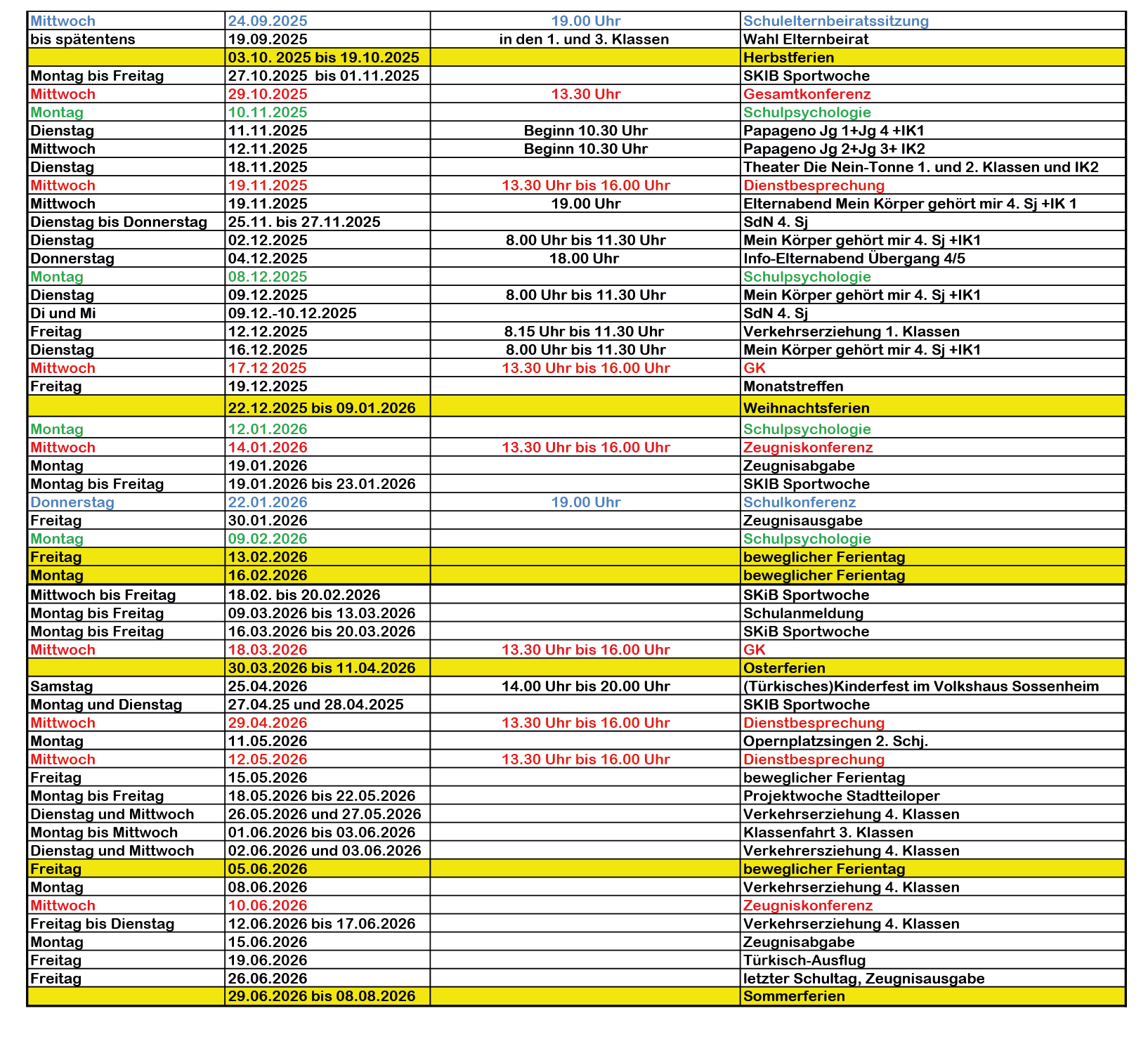 Termintabelle für das Schuljahr 25/26