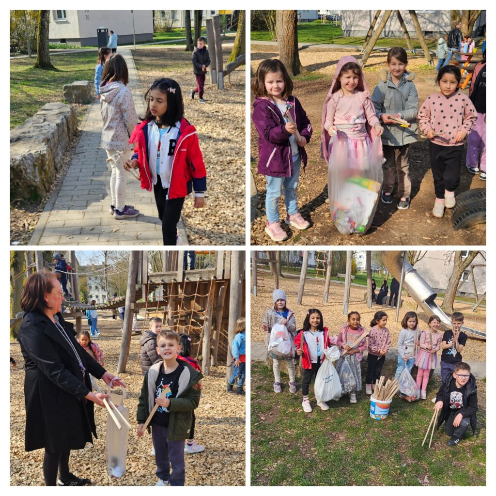 Schülerinnen und Schüler der Henri-Dunant-Grundschule sammeln Müll auf dem Spielplatz bei der Aktion HDS räumt auf