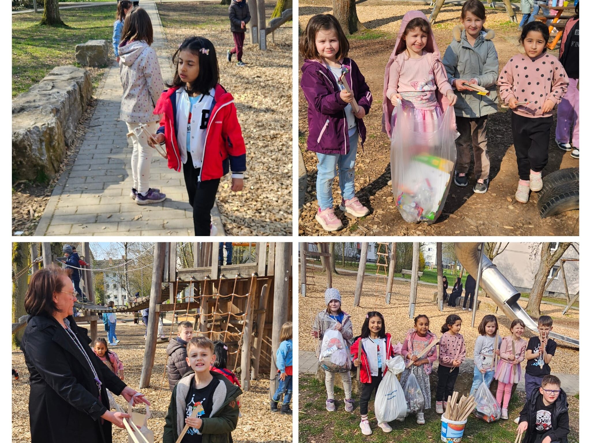 Schülerinnen und Schüler der Henri-Dunant-Grundschule sammeln Müll auf dem Spielplatz bei der Aktion HDS räumt auf